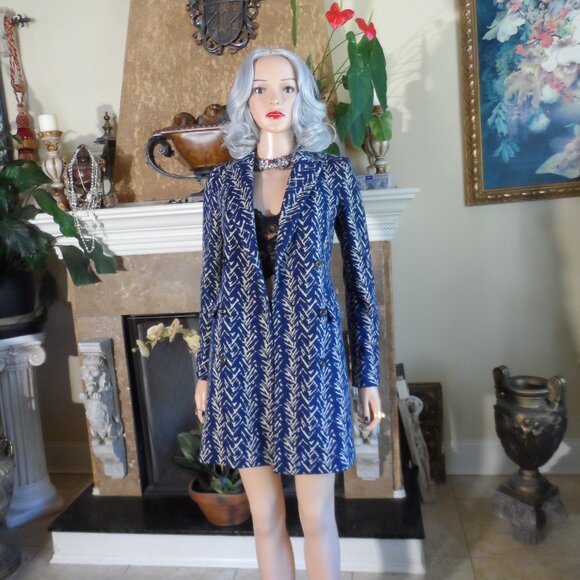 New Diane Von Furstenberg Blue/Beige Print Knit Skirt & Coat Suit Size 00 - Picture 3 of 16